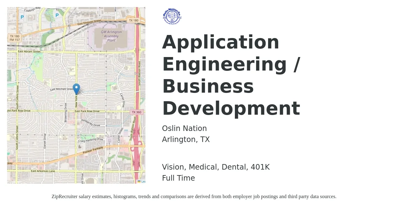 Oslin Nation job posting for a Application Engineering / Business Development in Arlington, TX with a salary of $32 to $51 Hourly and benefits including 401k, dental, life_insurance, medical, and vision with a map of Arlington location.