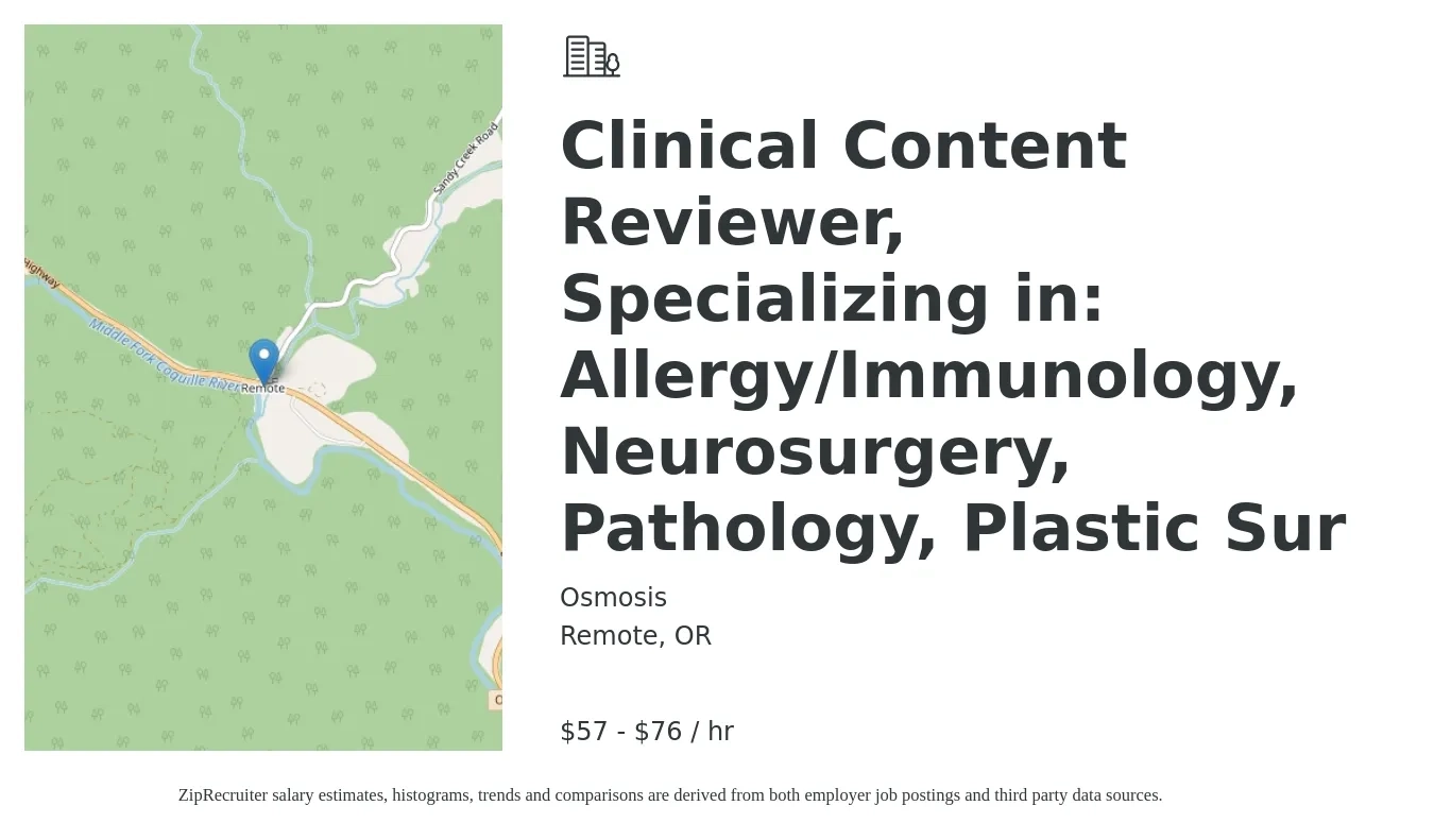 Osmosis job posting for a Clinical Content Reviewer, Specializing in: Allergy/Immunology, Neurosurgery, Pathology, Plastic Sur in Remote, OR with a salary of $60 to $80 Hourly with a map of Remote location.