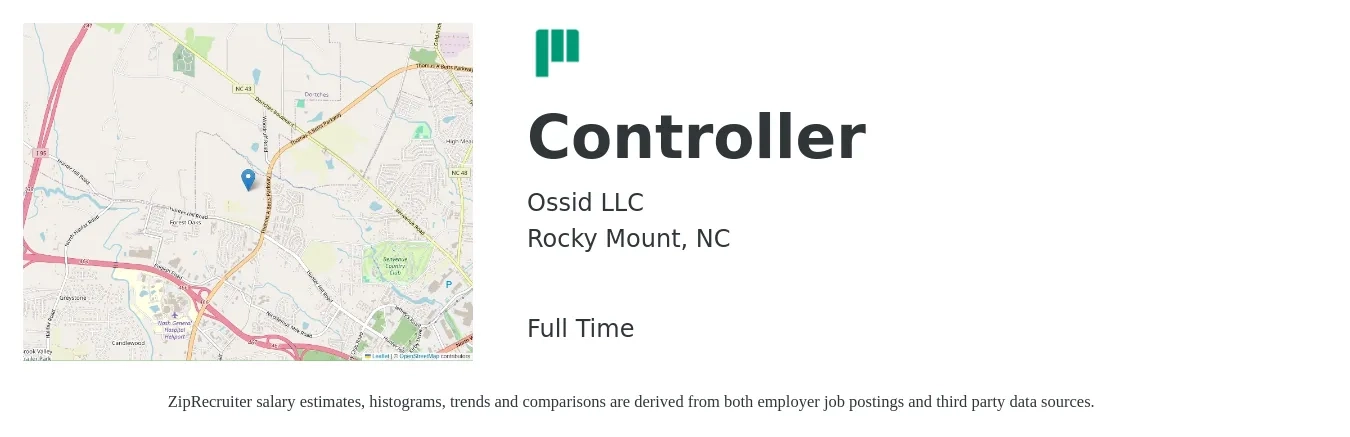 Ossid LLC job posting for a Controller in Rocky Mount, NC with a salary of $93,500 to $133,500 Yearly with a map of Rocky Mount location.