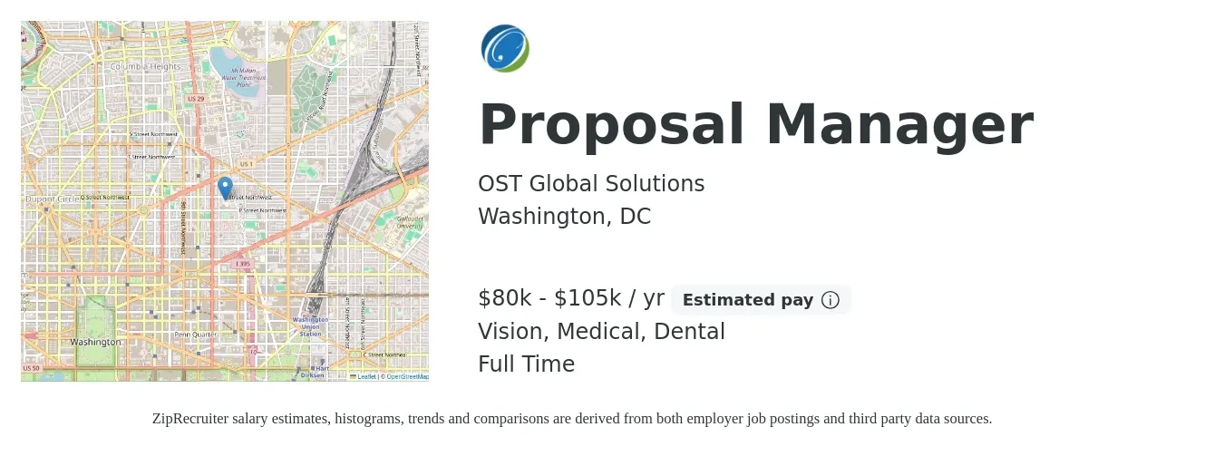 OST Global Solutions job posting for a Proposal Manager in Washington, DC with a salary of $80,000 to $95,000 Yearly and benefits including medical, pto, and dental with a map of Washington location.