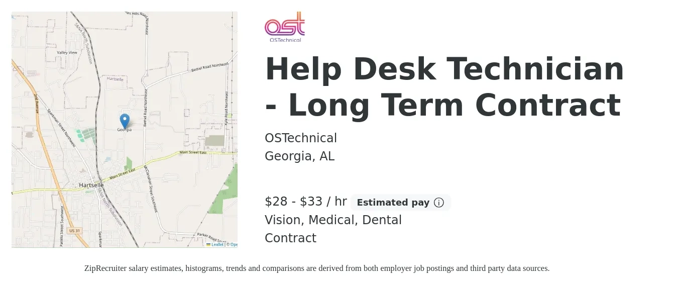 OSTechnical job posting for a Help Desk Technician - Long Term Contract in Georgia, AL with a salary of $30 to $35 Hourly and benefits including medical, retirement, vision, dental, and life_insurance with a map of Georgia location.