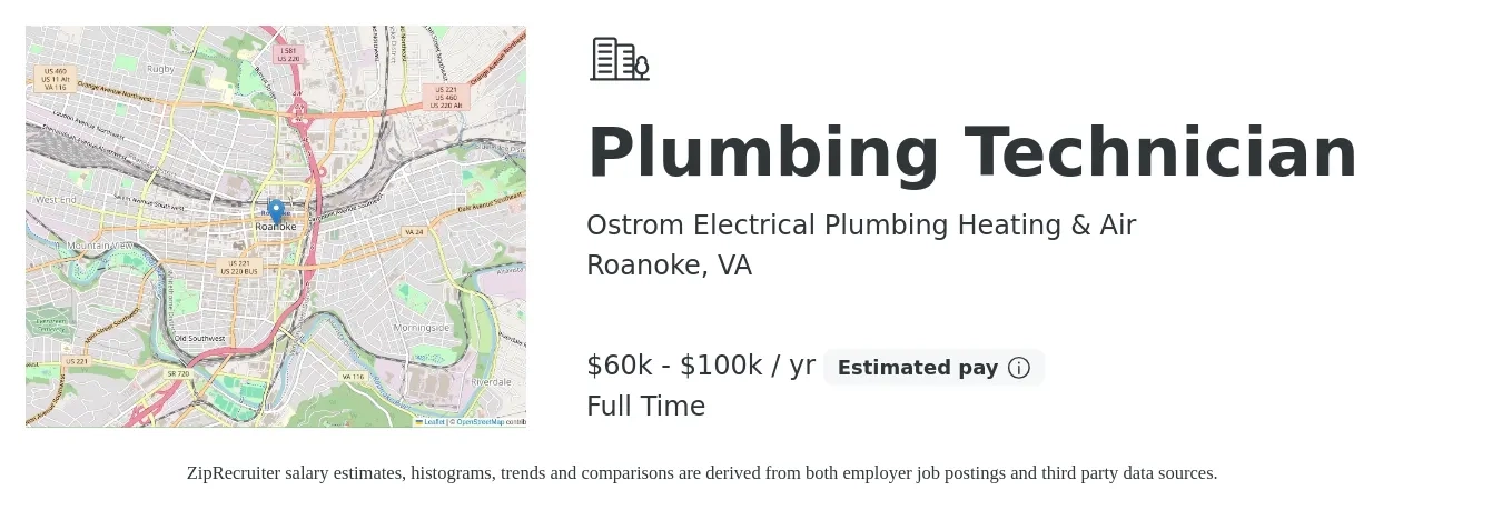 Ostrom Electrical Plumbing Heating & Air job posting for a Plumbing Technician in Roanoke, VA with a salary of $60,000 to $100,000 Yearly with a map of Roanoke location.