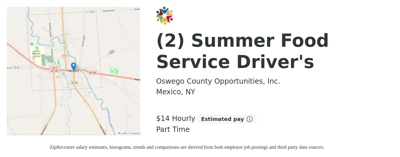Oswego County Opportunities, Inc. job posting for a (2) Summer Food Service Driver's in Mexico, NY with a salary of $15 to $20 Hourly with a map of Mexico location.