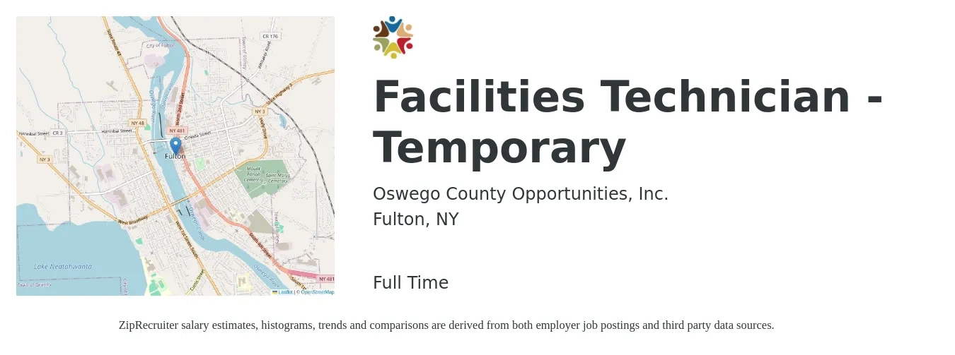 Oswego County Opportunities, Inc. job posting for a Facilities Technician - Temporary in Fulton, NY with a salary of $17 to $24 Hourly with a map of Fulton location.