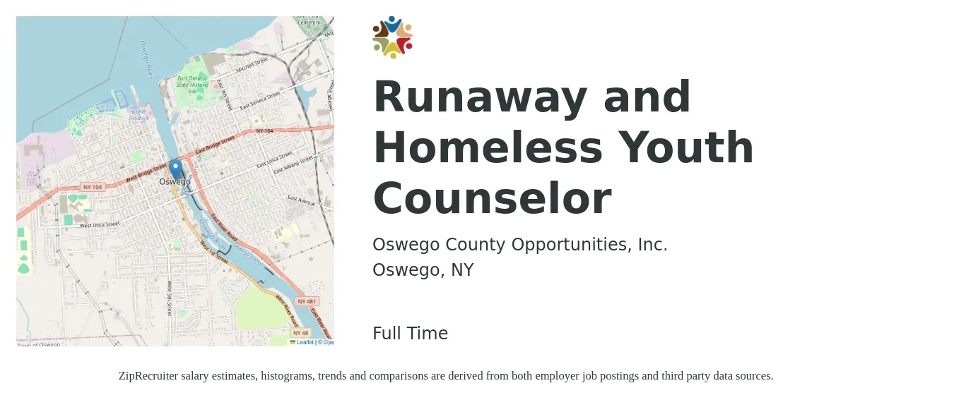 Oswego County Opportunities, Inc. job posting for a Runaway and Homeless Youth Counselor in Oswego, NY with a salary of $17 to $23 Hourly with a map of Oswego location.