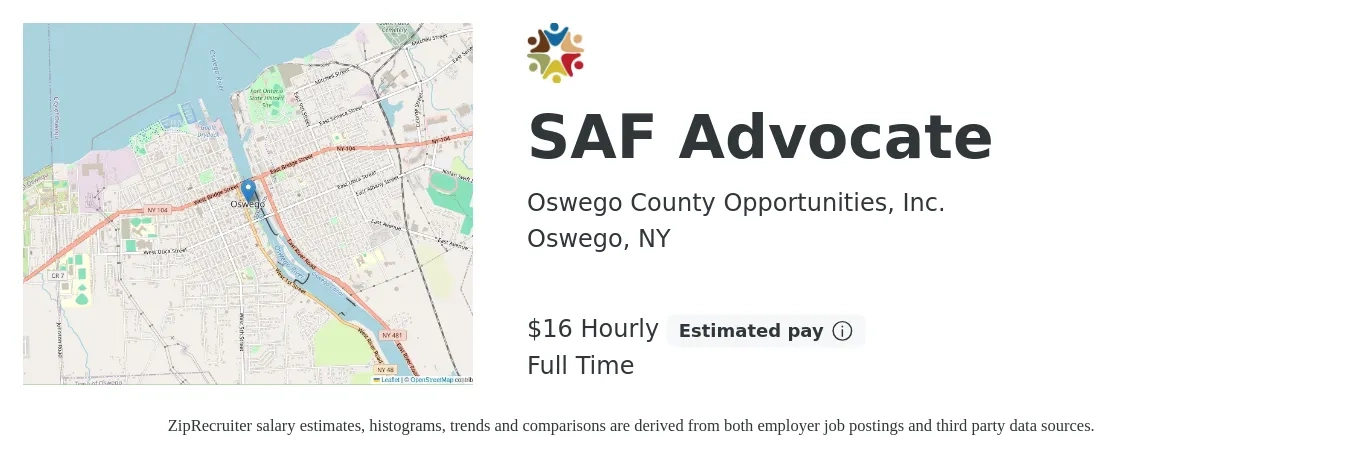 Oswego County Opportunities, Inc. job posting for a SAF Advocate in Oswego, NY with a salary of $17 to $26 Hourly with a map of Oswego location.