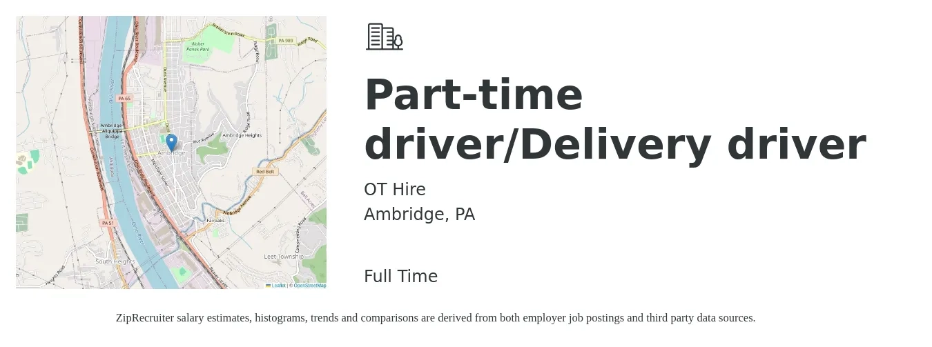 OT Hire job posting for a Part-time driver/Delivery driver in Ambridge, PA with a salary of $16 to $20 Hourly with a map of Ambridge location.