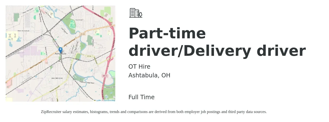 OT Hire job posting for a Part-time driver/Delivery driver in Ashtabula, OH with a salary of $15 to $19 Hourly with a map of Ashtabula location.