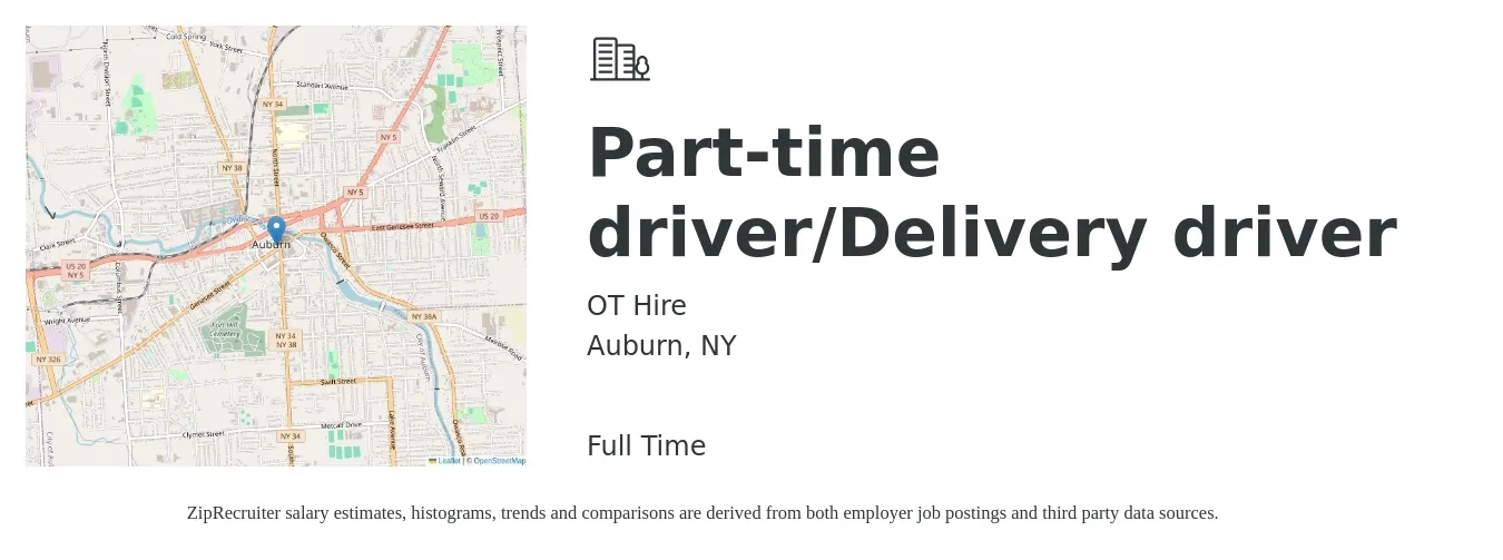 OT Hire job posting for a Part-time driver/Delivery driver in Auburn, NY with a salary of $16 to $20 Hourly with a map of Auburn location.