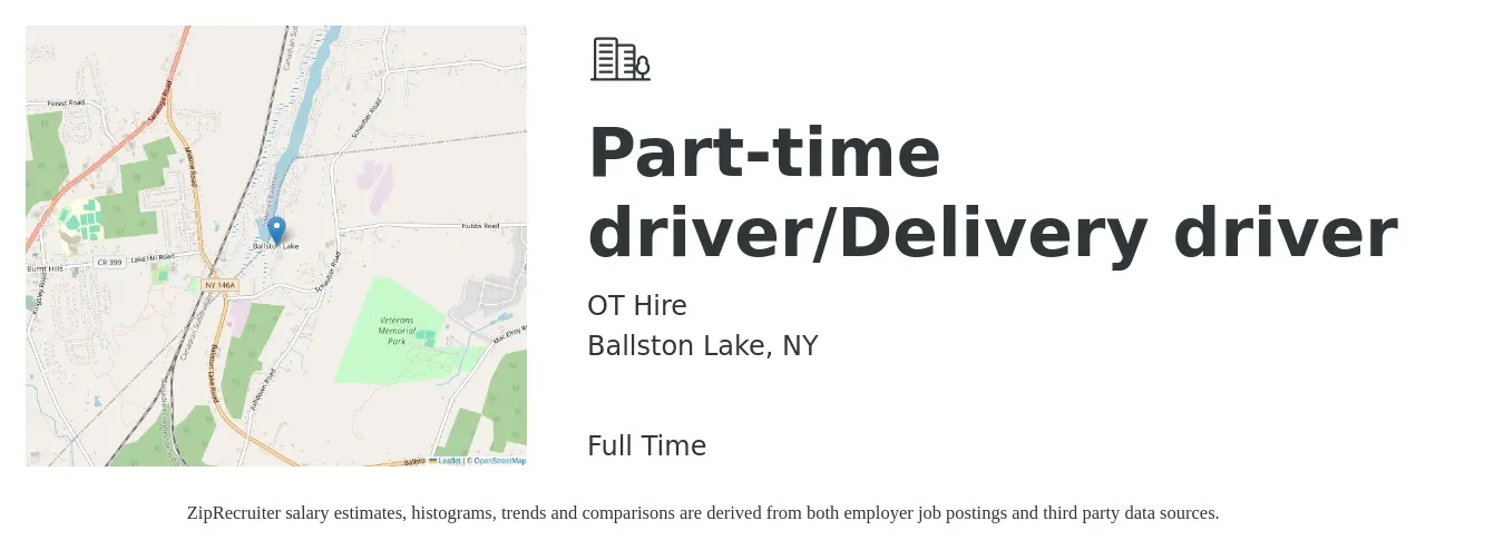 OT Hire job posting for a Part-time driver/Delivery driver in Ballston Lake, NY with a salary of $18 to $22 Hourly with a map of Ballston Lake location.