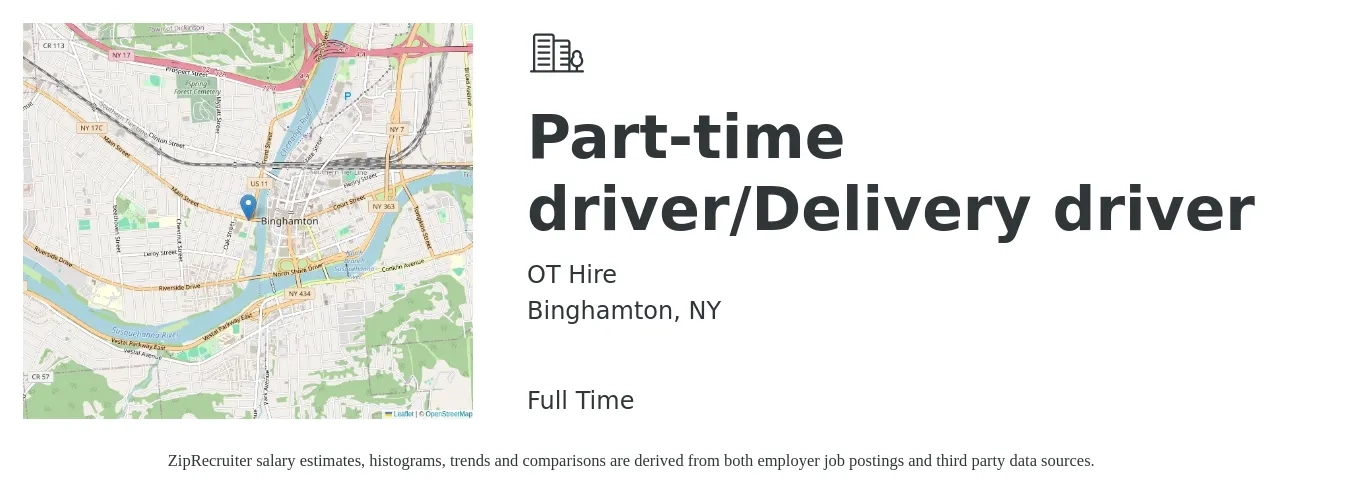 OT Hire job posting for a Part-time driver/Delivery driver in Binghamton, NY with a salary of $16 to $20 Hourly with a map of Binghamton location.