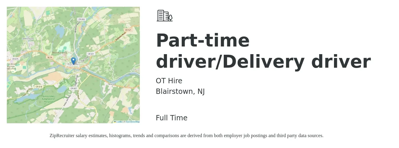 OT Hire job posting for a Part-time driver/Delivery driver in Blairstown, NJ with a salary of $17 to $21 Hourly with a map of Blairstown location.