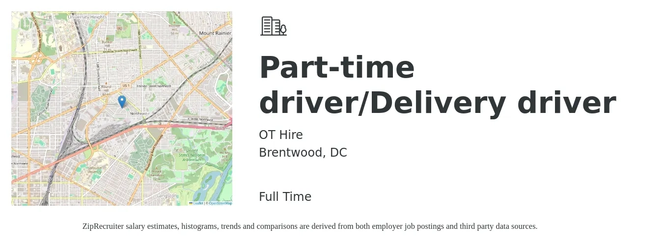 OT Hire job posting for a Part-time driver/Delivery driver in Brentwood, DC with a salary of $18 to $22 Hourly with a map of Brentwood location.