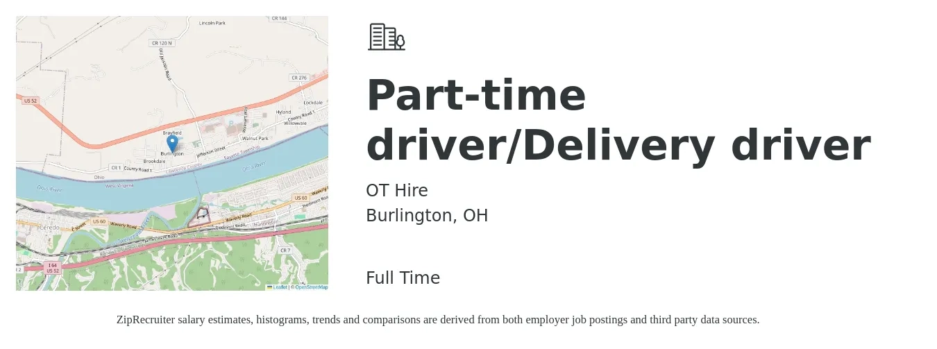 OT Hire job posting for a Part-time driver/Delivery driver in Burlington, OH with a salary of $16 to $21 Hourly with a map of Burlington location.