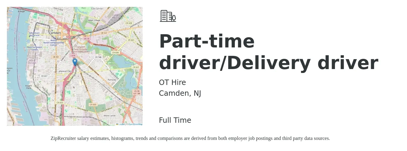 OT Hire job posting for a Part-time driver/Delivery driver in Camden, NJ with a salary of $17 to $21 Hourly with a map of Camden location.