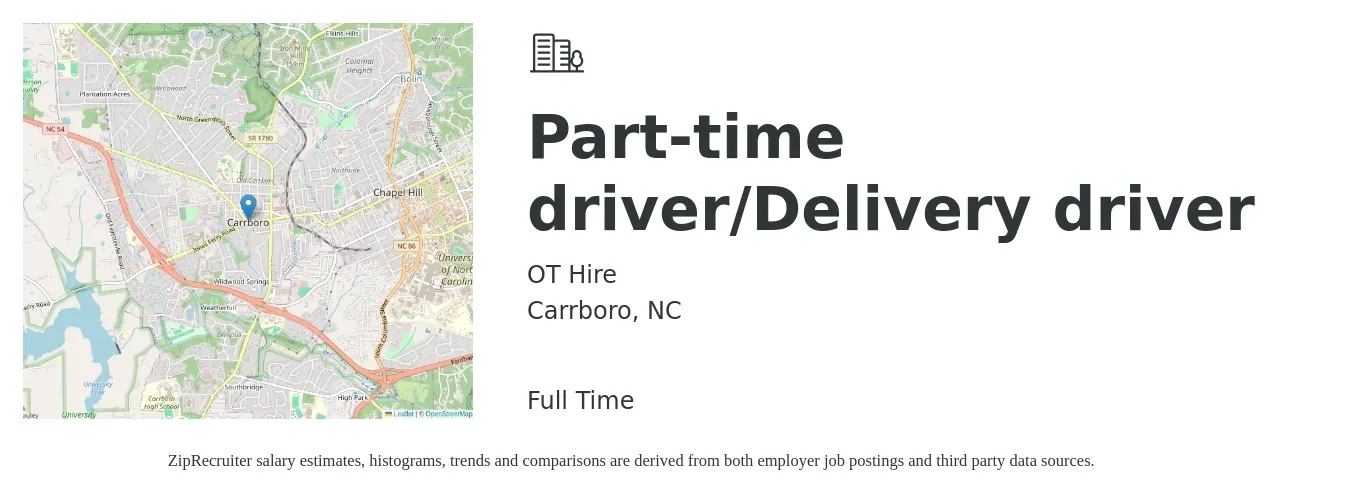 OT Hire job posting for a Part-time driver/Delivery driver in Carrboro, NC with a salary of $14 to $18 Hourly with a map of Carrboro location.