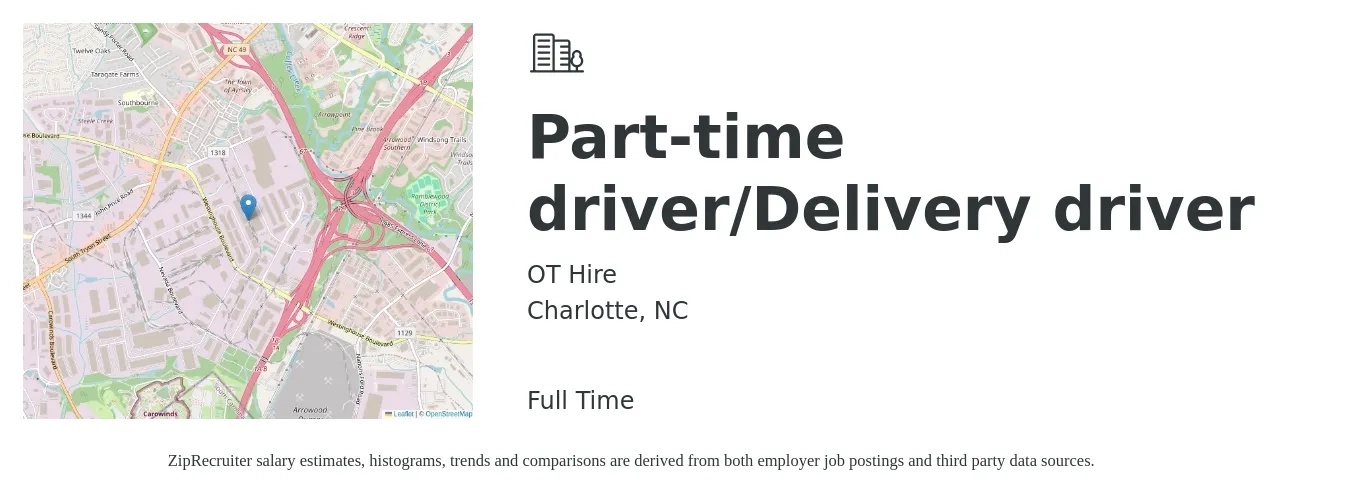 OT Hire job posting for a Part-time driver/Delivery driver in Charlotte, NC with a salary of $16 to $20 Hourly with a map of Charlotte location.