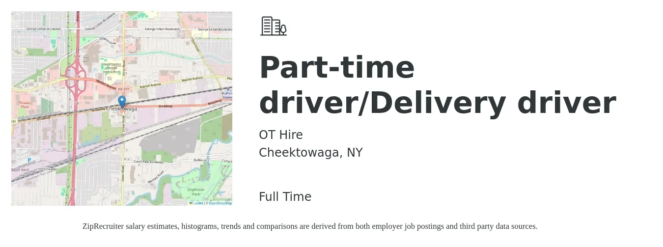 OT Hire job posting for a Part-time driver/Delivery driver in Cheektowaga, NY with a salary of $17 to $21 Hourly with a map of Cheektowaga location.