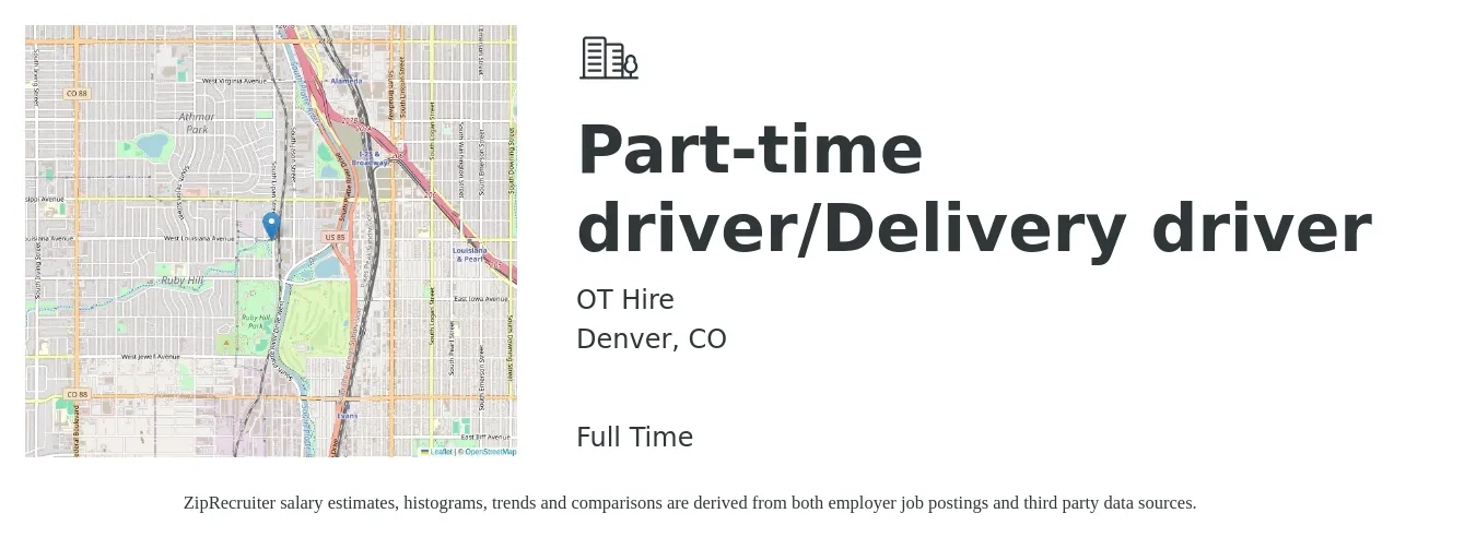 OT Hire job posting for a Part-time driver/Delivery driver in Denver, CO with a salary of $17 to $22 Hourly with a map of Denver location.