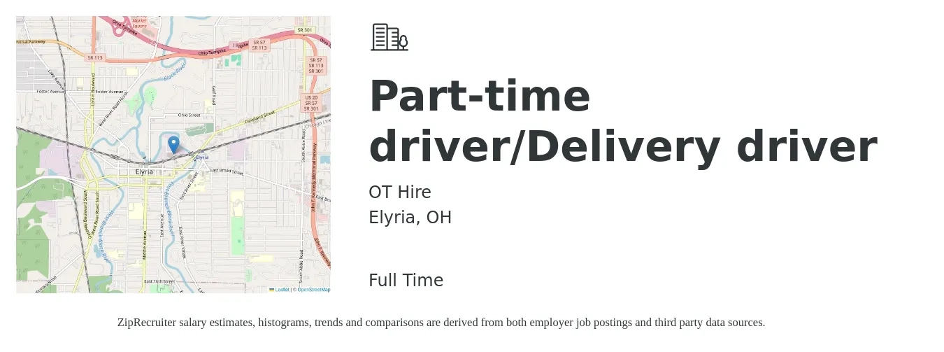 OT Hire job posting for a Part-time driver/Delivery driver in Elyria, OH with a salary of $15 to $19 Hourly with a map of Elyria location.