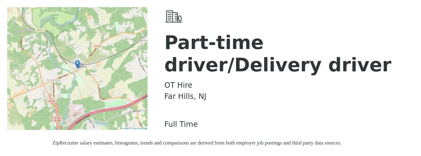 OT Hire job posting for a Part-time driver/Delivery driver in Far Hills, NJ with a salary of $17 to $22 Hourly with a map of Far Hills location.
