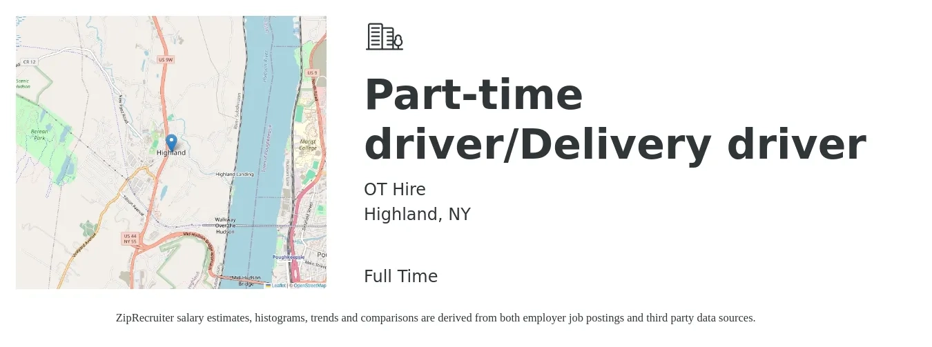 OT Hire job posting for a Part-time driver/Delivery driver in Highland, NY with a salary of $16 to $21 Hourly with a map of Highland location.
