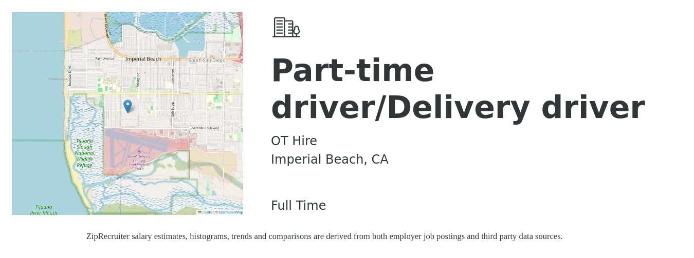 OT Hire job posting for a Part-time driver/Delivery driver in Imperial Beach, CA with a salary of $18 to $22 Hourly with a map of Imperial Beach location.