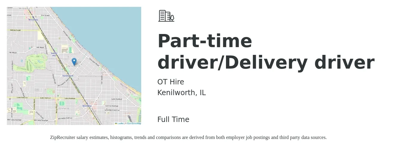 OT Hire job posting for a Part-time driver/Delivery driver in Kenilworth, IL with a salary of $17 to $22 Hourly with a map of Kenilworth location.