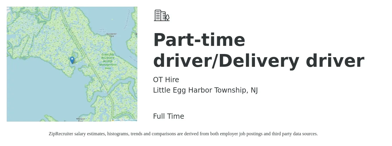 OT Hire job posting for a Part-time driver/Delivery driver in Little Egg Harbor Township, NJ with a salary of $16 to $20 Hourly with a map of Little Egg Harbor Township location.