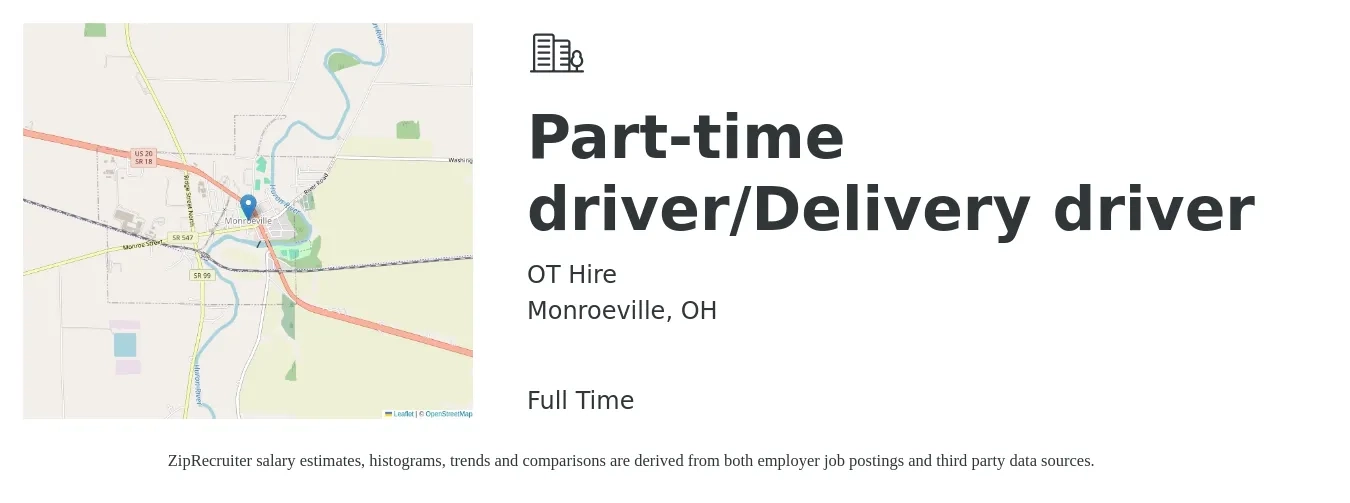 OT Hire job posting for a Part-time driver/Delivery driver in Monroeville, OH with a salary of $16 to $20 Hourly with a map of Monroeville location.