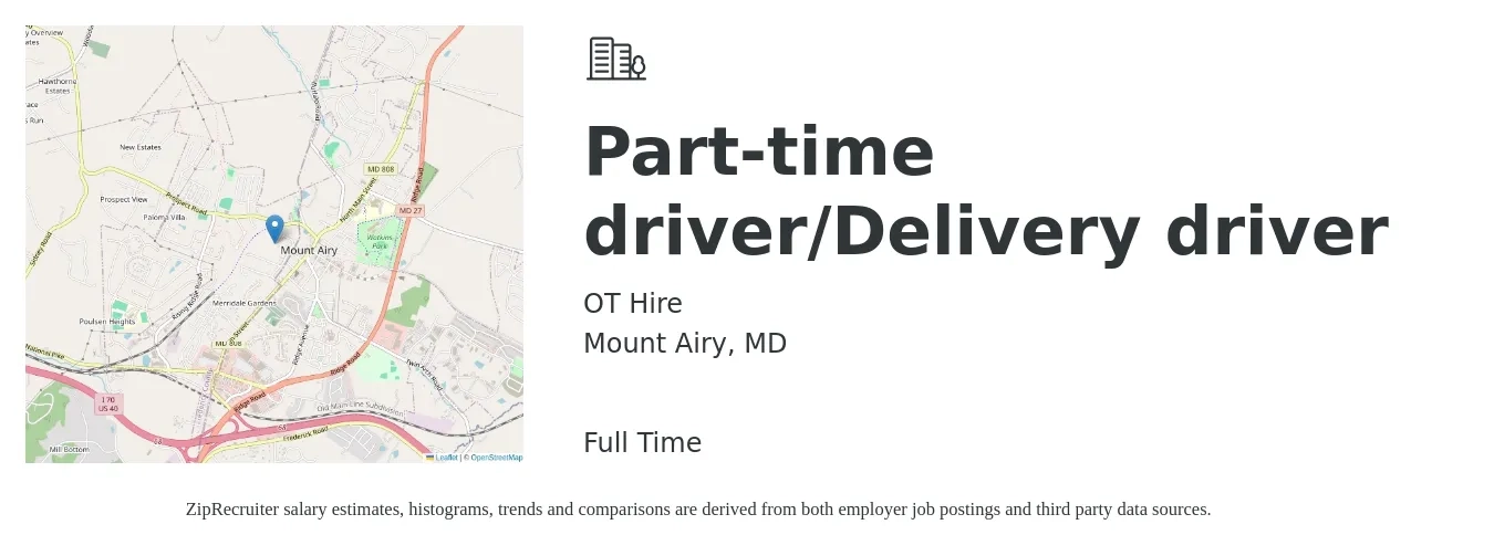 OT Hire job posting for a Part-time driver/Delivery driver in Mount Airy, MD with a salary of $16 to $20 Hourly with a map of Mount Airy location.
