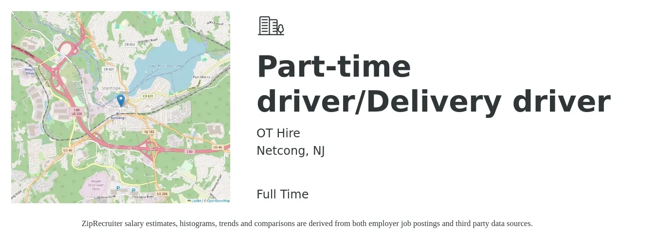 OT Hire job posting for a Part-time driver/Delivery driver in Netcong, NJ with a salary of $17 to $21 Hourly with a map of Netcong location.