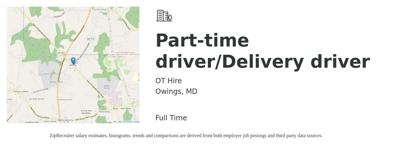 OT Hire job posting for a Part-time driver/Delivery driver in Owings, MD with a salary of $16 to $20 Hourly with a map of Owings location.