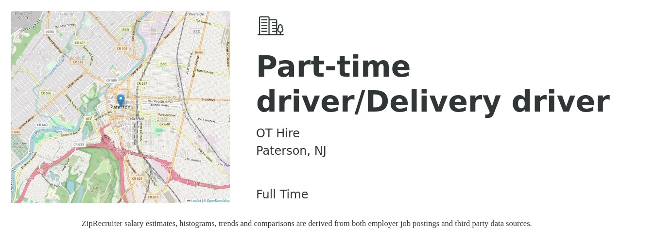 OT Hire job posting for a Part-time driver/Delivery driver in Paterson, NJ with a salary of $17 to $21 Hourly with a map of Paterson location.