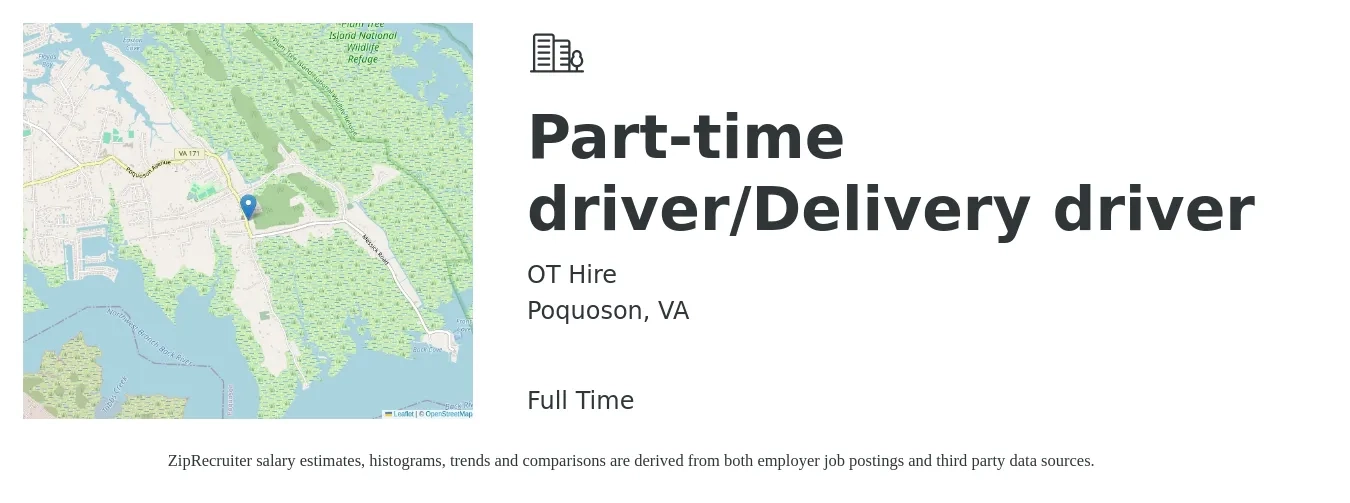 OT Hire job posting for a Part-time driver/Delivery driver in Poquoson, VA with a salary of $14 to $18 Hourly with a map of Poquoson location.