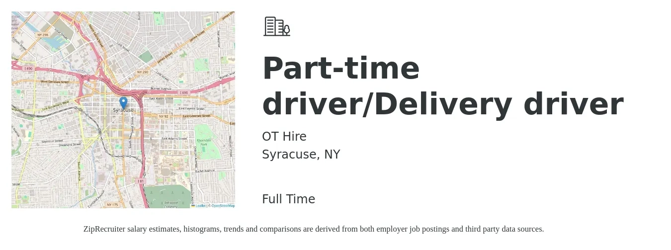 OT Hire job posting for a Part-time driver/Delivery driver in Syracuse, NY with a salary of $16 to $21 Hourly with a map of Syracuse location.