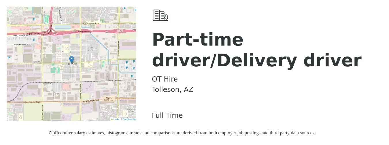 OT Hire job posting for a Part-time driver/Delivery driver in Tolleson, AZ with a salary of $16 to $20 Hourly with a map of Tolleson location.
