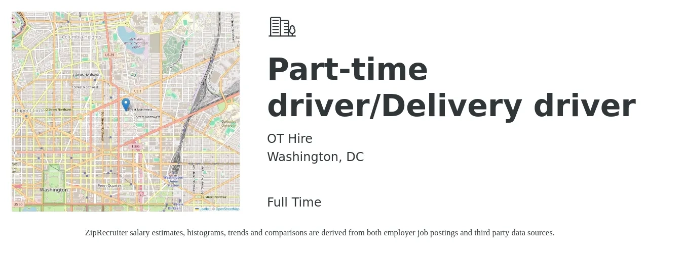 OT Hire job posting for a Part-time driver/Delivery driver in Washington, DC with a salary of $19 to $24 Hourly with a map of Washington location.