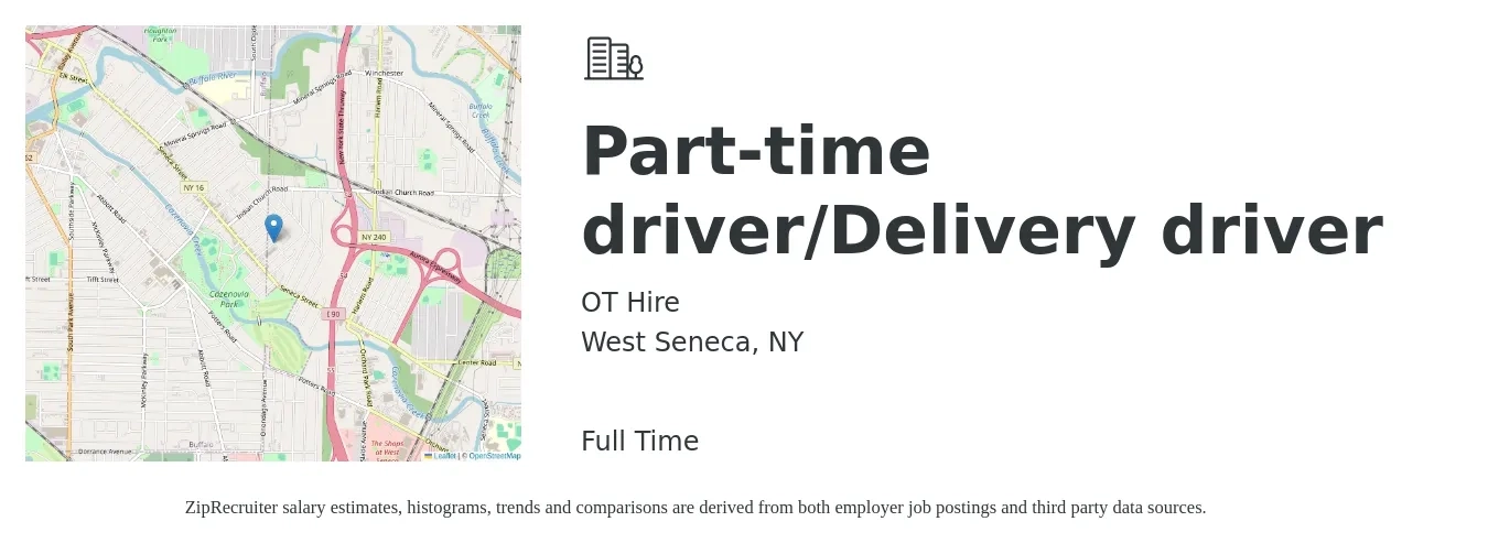 OT Hire job posting for a Part-time driver/Delivery driver in West Seneca, NY with a salary of $16 to $20 Hourly with a map of West Seneca location.