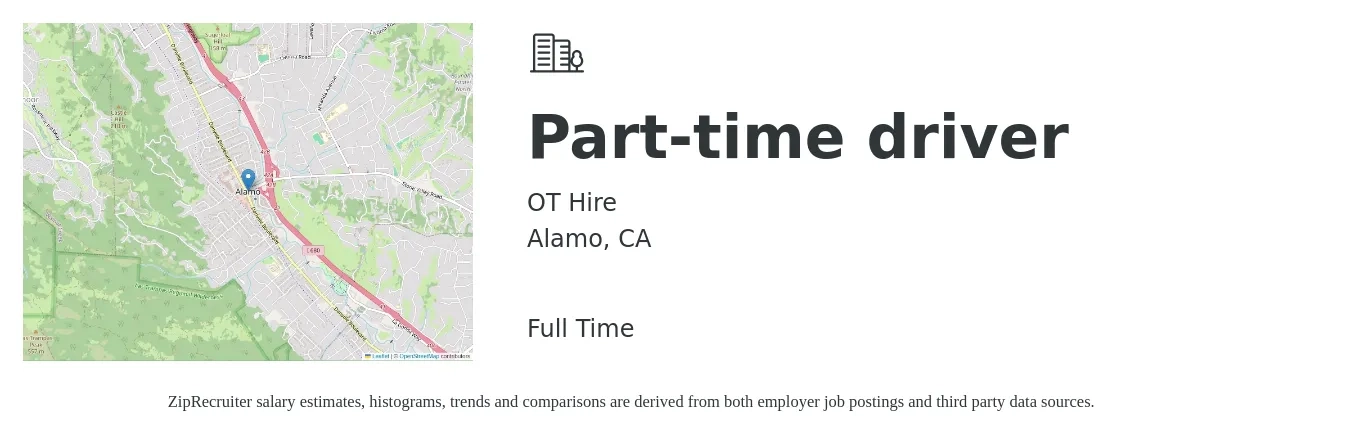 OT Hire job posting for a Part-time driver in Alamo, CA with a salary of $18 to $24 Hourly with a map of Alamo location.