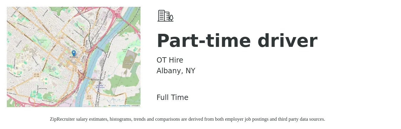 OT Hire job posting for a Part-time driver in Albany, NY with a salary of $15 to $21 Hourly with a map of Albany location.