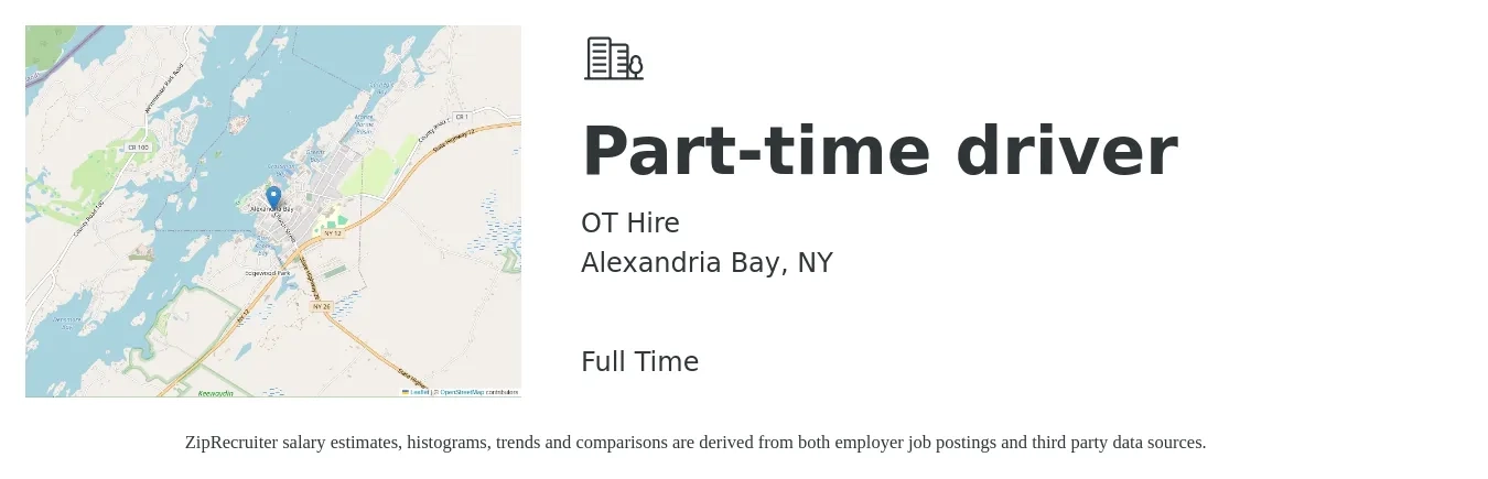 OT Hire job posting for a Part-time driver in Alexandria Bay, NY with a salary of $15 to $21 Hourly with a map of Alexandria Bay location.