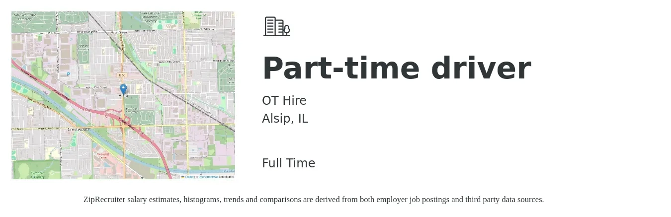 OT Hire job posting for a Part-time driver in Alsip, IL with a salary of $15 to $22 Hourly with a map of Alsip location.