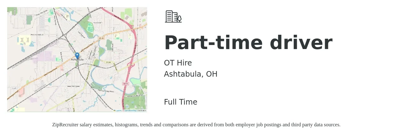 OT Hire job posting for a Part-time driver in Ashtabula, OH with a salary of $14 to $19 Hourly with a map of Ashtabula location.