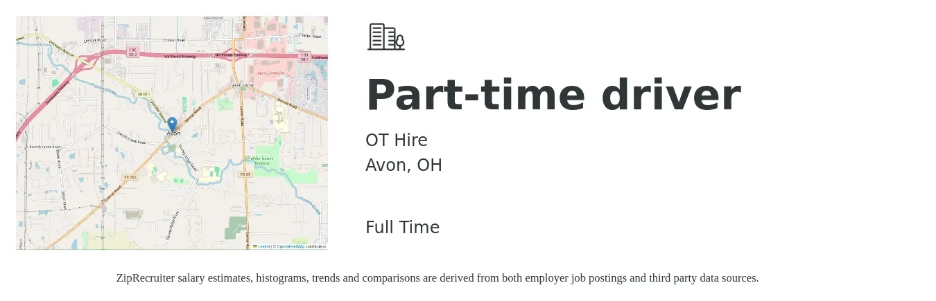 OT Hire job posting for a Part-time driver in Avon, OH with a salary of $14 to $19 Hourly with a map of Avon location.