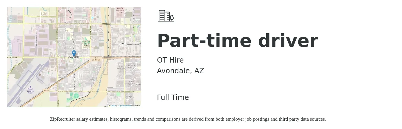 OT Hire job posting for a Part-time driver in Avondale, AZ with a salary of $15 to $20 Hourly with a map of Avondale location.