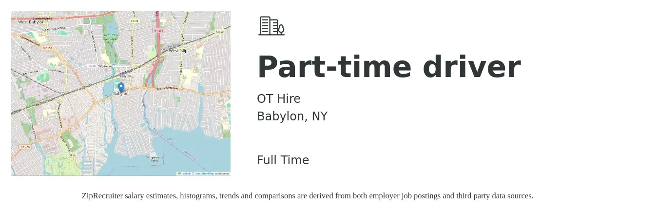 OT Hire job posting for a Part-time driver in Babylon, NY with a salary of $16 to $22 Hourly with a map of Babylon location.
