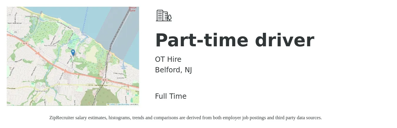 OT Hire job posting for a Part-time driver in Belford, NJ with a salary of $15 to $22 Hourly with a map of Belford location.