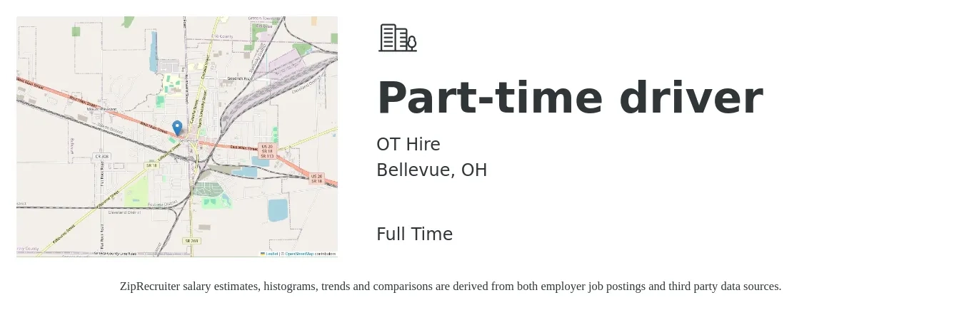 OT Hire job posting for a Part-time driver in Bellevue, OH with a salary of $14 to $20 Hourly with a map of Bellevue location.
