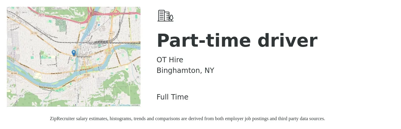 OT Hire job posting for a Part-time driver in Binghamton, NY with a salary of $14 to $20 Hourly with a map of Binghamton location.